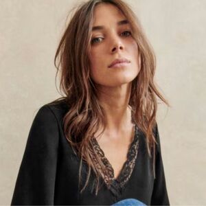 Sezane Sylla Black V-Neck Lace Trim Top